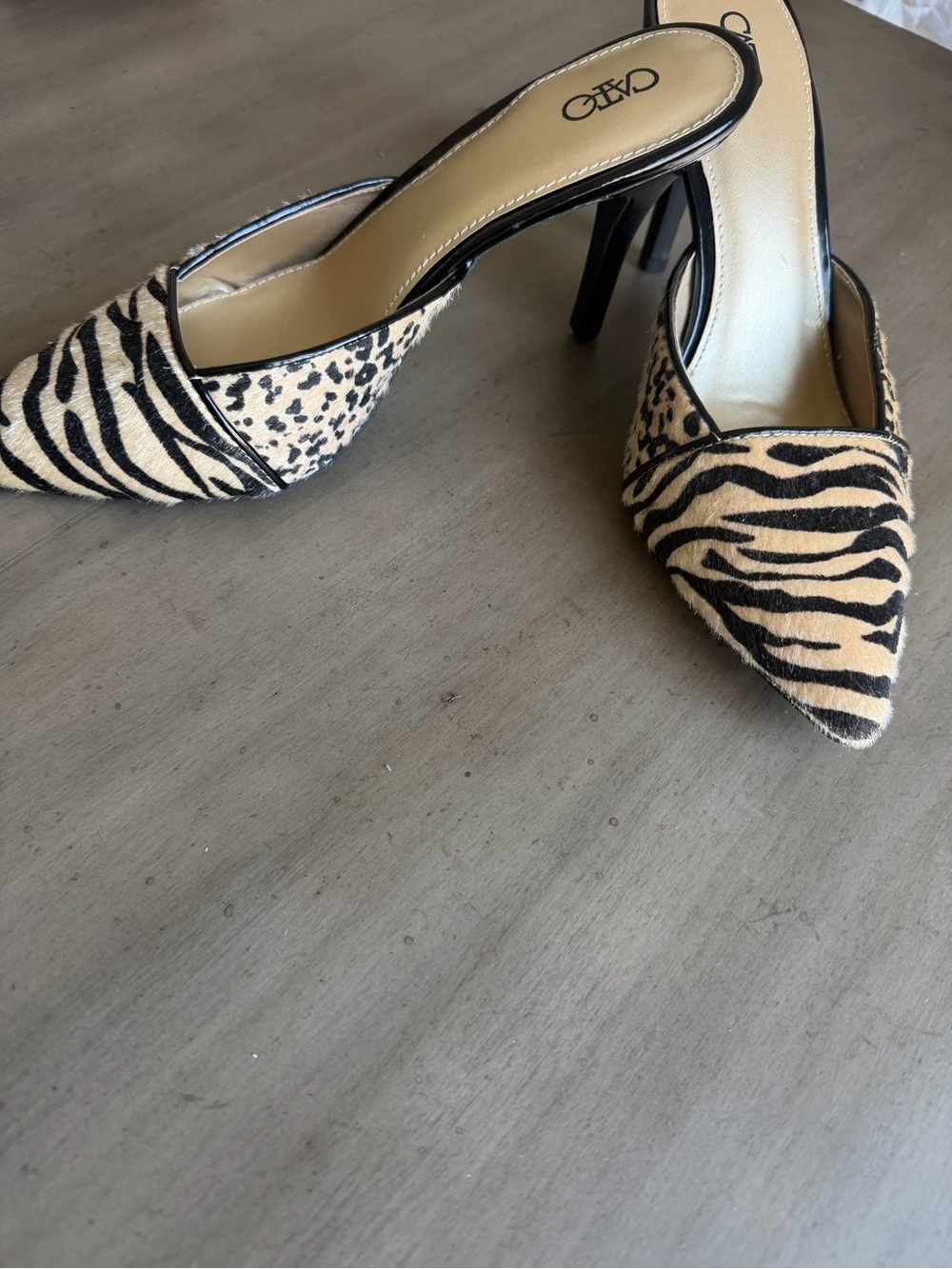 Cato Leopard & Zebra Print Pointed-Toe Mule Heels in Black and Tan